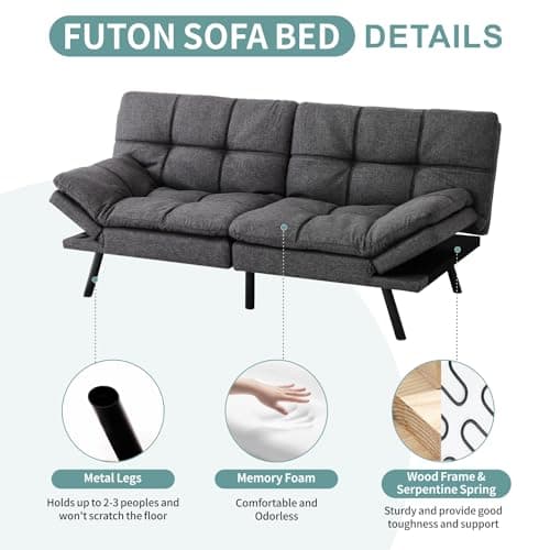 MUUEGM Futon Couch with Memory Foam - 71 Sofa Bed for Living Room, Adjustable Backrest, Dark Grey