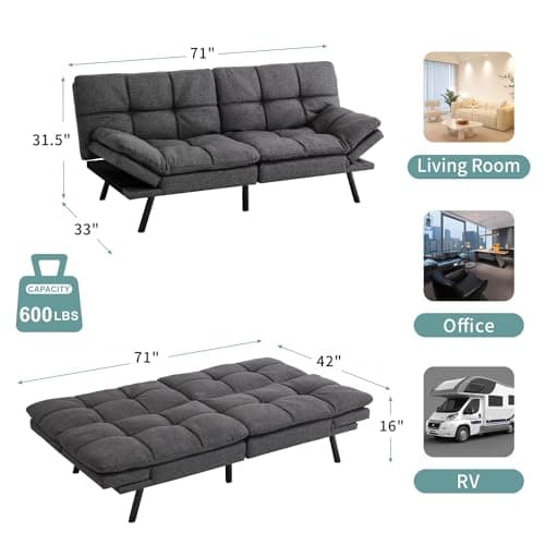 MUUEGM Futon Couch with Memory Foam - 71 Sofa Bed for Living Room, Adjustable Backrest, Dark Grey