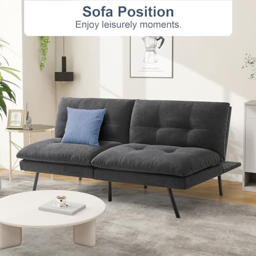 Convertible Memory Foam Futon Sofa Bed - Adjustable Backrest, Gray to Black