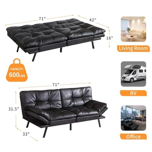 Memory Foam Futon Sofa Bed, Convertible Couch for Compact Spaces, Office and Apartment, Black Faux Leather