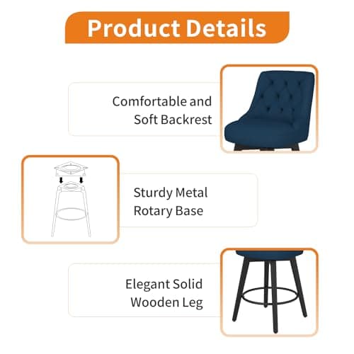 Thickened Upholstered Counter Stools Set of 2 with Swivel, Backs and Solid Wood Legs for Bar, Kitchen Island, Dining Room in Navy Blue