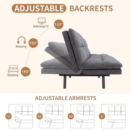 Memory Foam Futon Sofa Bed for Small Spaces - Grey Fabric