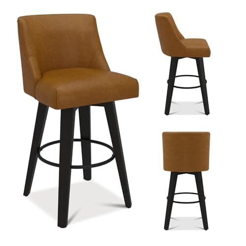 360°Swivel Navy Blue Bar Stools Set of 2 with Wooden Legs and Back for Kitchen Island and Bar