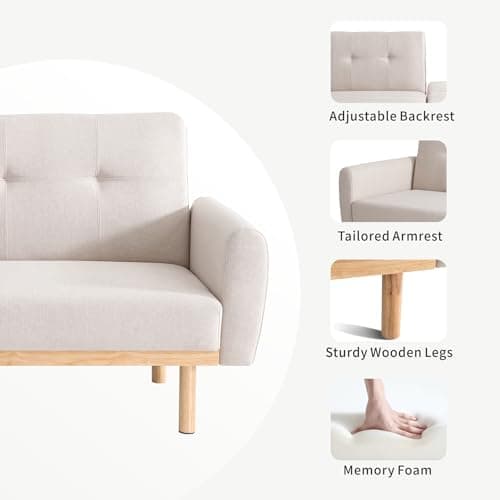MUUEGM Convertible Sofa Bed with Removable Armrest, White Futon, Splitback Loveseat