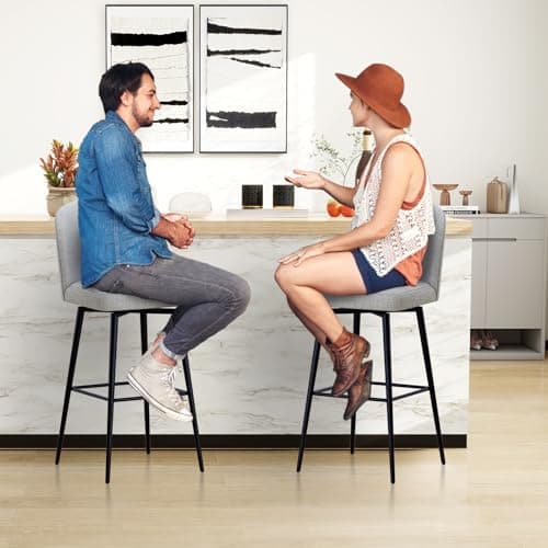 Modern Swivel Bar Stools Set of 2, High Back 30 Height with Metal Legs, Light Grey Linen Fabric Counter Height Bar Chair for Bar, Kitchen, Dining Room