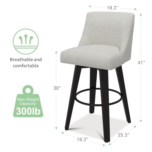 360°Swivel Bar Stools Set of 2 with Thicken Cushion Back, Fabric Upholstered, White