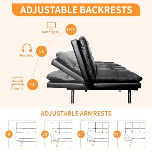 Memory Foam Futon Sofa Bed, Convertible Couch for Compact Spaces, Office and Apartment, Black Faux Leather