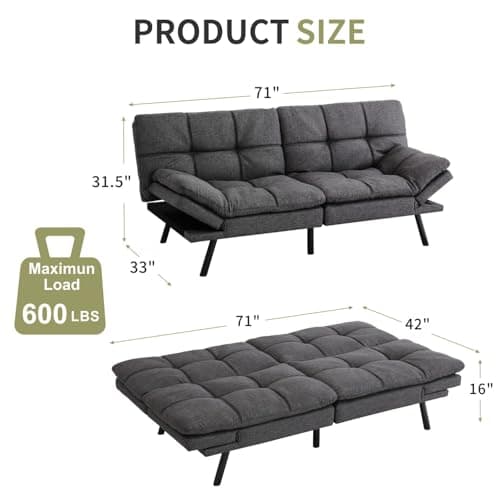 MUUEGM Futon Sofa Bed with Adjustable Backrest, Dark Grey