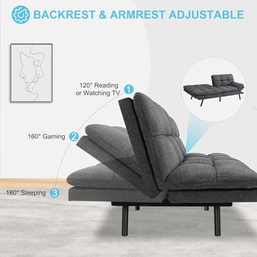 Adjustable Backrest Futon Sofa Bed - Memory Foam Loveseat Sleeper for Small Space, Grey