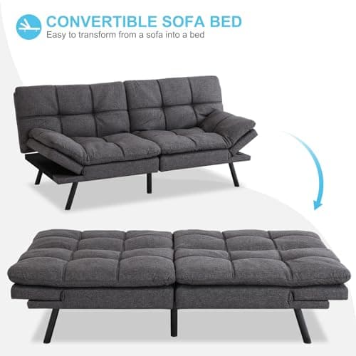 Adjustable Backrest Futon Sofa Bed - Memory Foam Loveseat Sleeper for Small Space, Grey