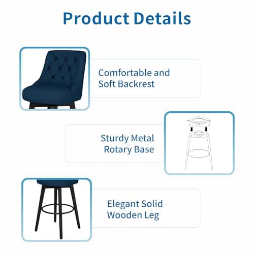 Modern Swivel Bar Stools, Upholstered Counter Height Bar Stool with Back, Navy Fabric, Set of 2