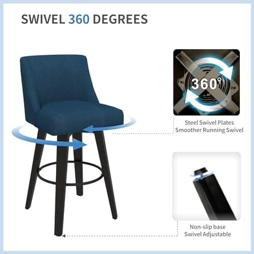 360°Swivel Navy Blue Bar Stools Set of 2 with Wooden Legs and Back for Kitchen Island and Bar