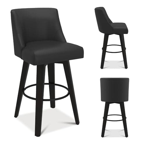 360°Swivel Navy Blue Bar Stools Set of 2 with Wooden Legs and Back for Kitchen Island and Bar