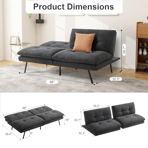 MUUEGM Convertible Futon Sofa Bed, Memory Foam Couch with Adjustable Backrest, Loveseat, Folding Sleeper Bed, Dark Grey