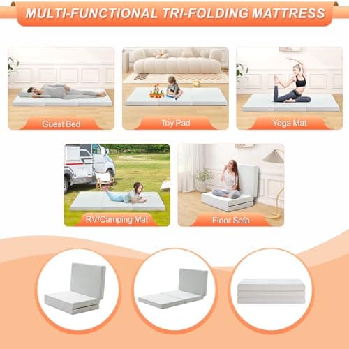King Size Tri Folding Memory Foam Mattress with Washable Cover - Portable Topper for Yoga/Camping/RV/Guest Beds