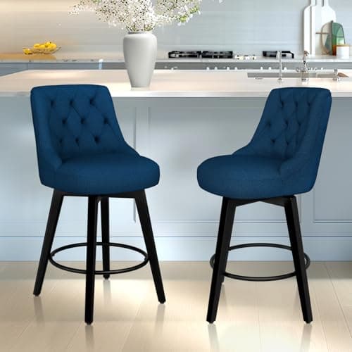 Thickened Upholstered Counter Stools Set of 2 with Swivel, Backs and Solid Wood Legs for Bar, Kitchen Island, Dining Room in Navy Blue