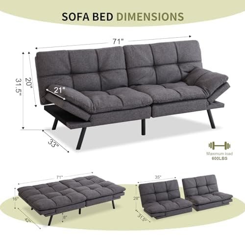Memory Foam Futon Sofa Bed for Small Spaces - Dark Gray Fabric