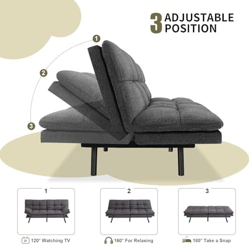 Convertible Memory Foam Futon Sofa Bed with Adjustable Armrests, Modern Love Seat for Living Room, Small Room, and Office
