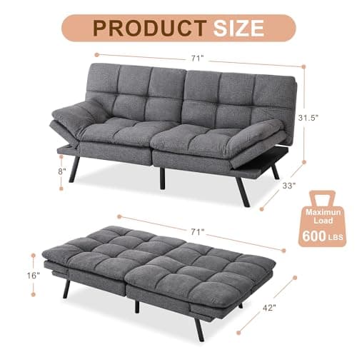 MUUEGM Futon Sofa Bed, Memory Foam Convertible Couch for Compact Space, Easy Assembly (Grey)