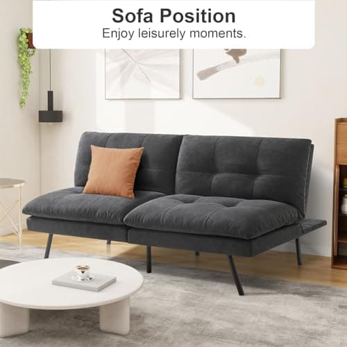 MUUEGM Convertible Futon Sofa Bed, Memory Foam Couch with Adjustable Backrest, Loveseat, Folding Sleeper Bed, Dark Grey