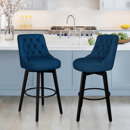 Modern Swivel Bar Stools, Upholstered Counter Height Bar Stool with Back, Navy Fabric, Set of 2