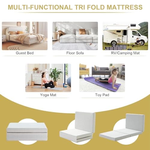 6 Inch Queen Memory Foam Tri Folding Mattress, Washable Cover, Portable Topper, CertiPUR-US Certified