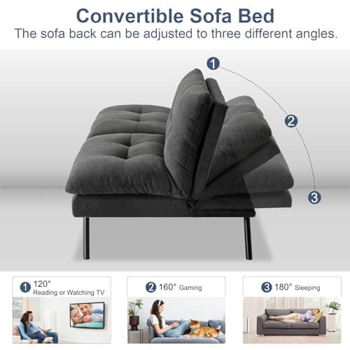 Convertible Memory Foam Futon Sofa Bed - Adjustable Backrest, Gray to Black