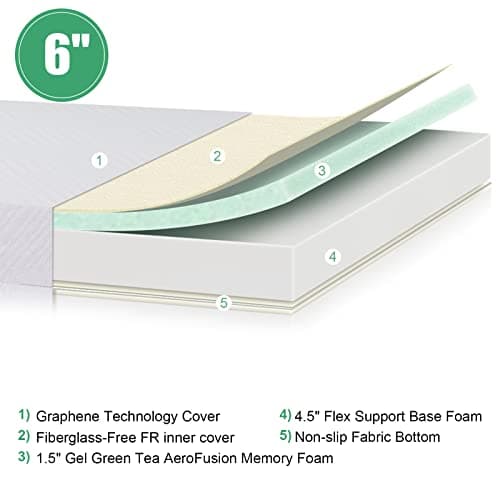 6 Inch Memory Foam Mattress Twin Size Cooling Gel Green Tea Infused Mattress for Back Pain Relief