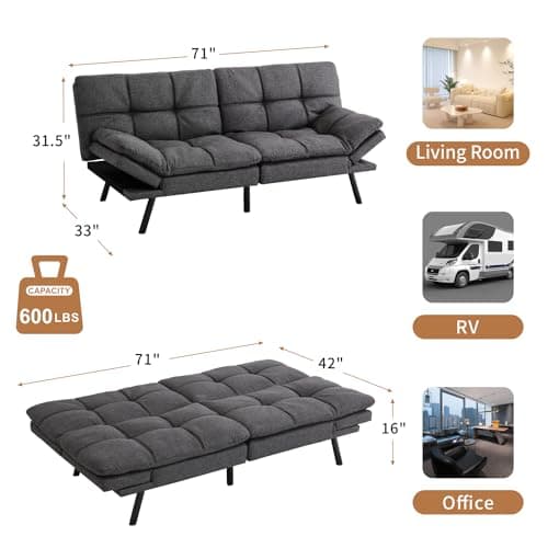 Memory Foam Futon Sofa Bed for Small Spaces - Grey Fabric