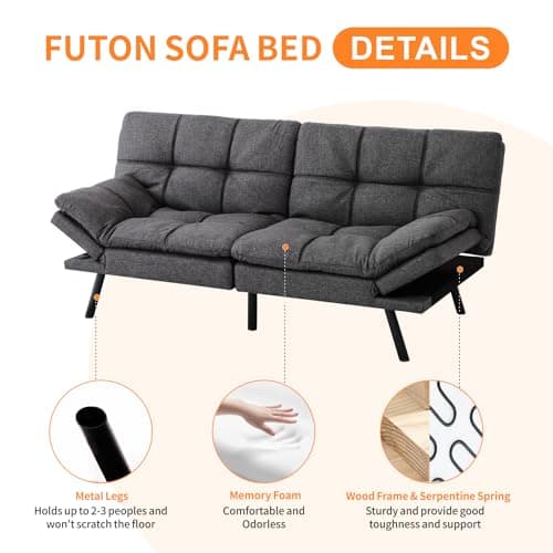 Memory Foam Futon Sofa Bed for Living Room, Adjustable Backrest Sleeper Twin Couch for Apartment