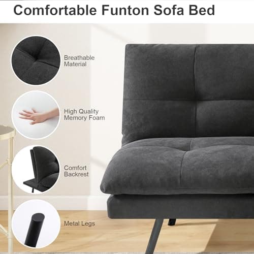 MUUEGM Convertible Futon Sofa Bed, Memory Foam Couch with Adjustable Backrest, Loveseat, Folding Sleeper Bed, Dark Grey