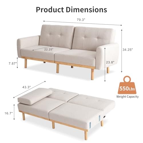 MUUEGM Convertible Sofa Bed with Removable Armrest, White Futon, Splitback Loveseat