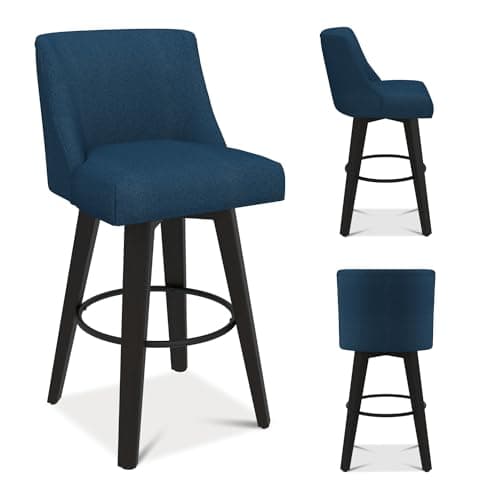 360°Swivel Navy Blue Bar Stools Set of 2 with Wooden Legs and Back for Kitchen Island and Bar