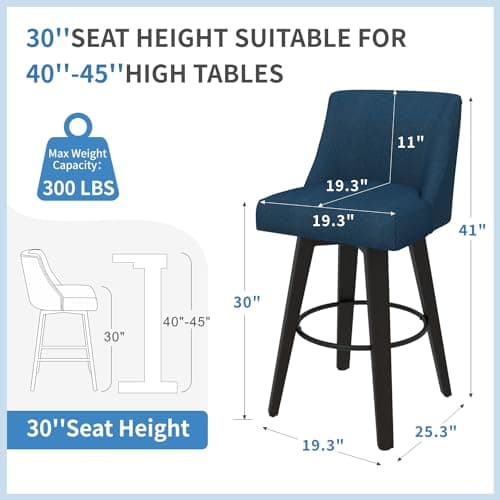 360°Swivel Navy Blue Bar Stools Set of 2 with Wooden Legs and Back for Kitchen Island and Bar