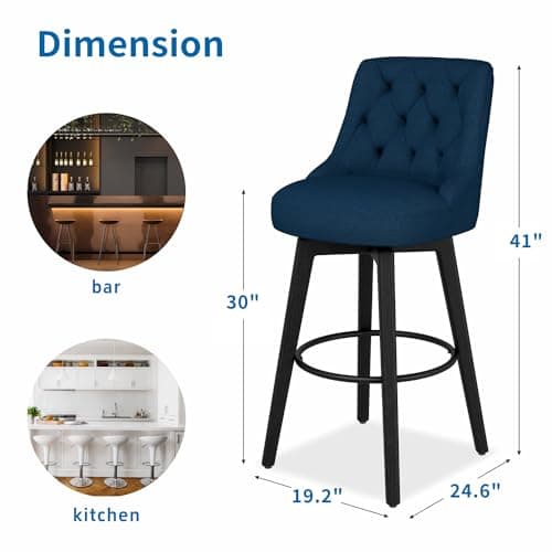 Modern Swivel Bar Stools, Upholstered Counter Height Bar Stool with Back, Navy Fabric, Set of 2