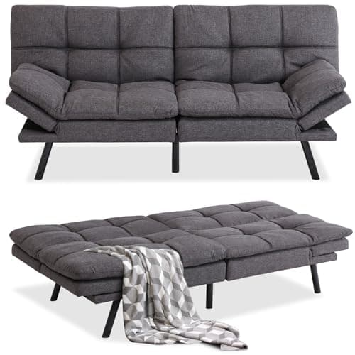 Convertible Memory Foam Futon Couch Bed, Adjustable Backrests Armrests Sleeper Sofa, Modern Love Seat Daybed for Living Room, Small Space, Office, 71, Linen Grey