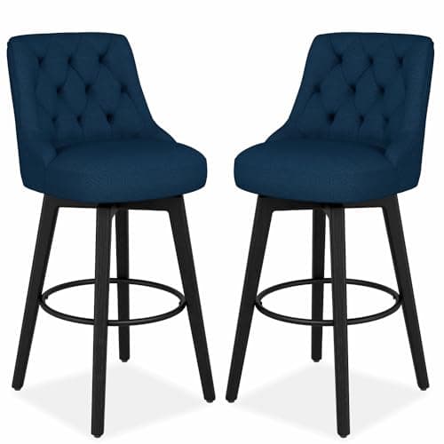 Modern Swivel Bar Stools, Upholstered Counter Height Bar Stool with Back, Navy Fabric, Set of 2