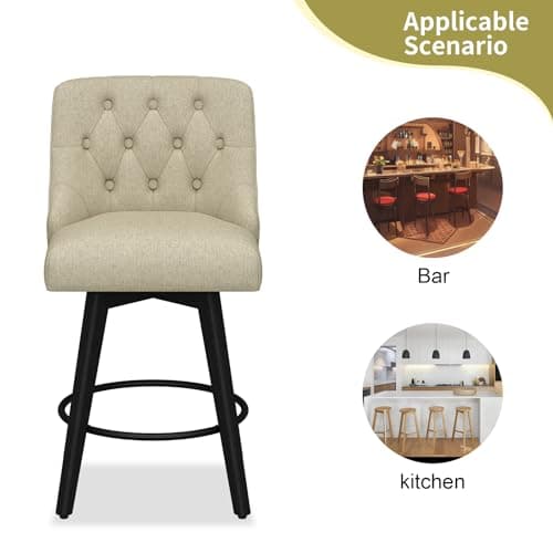 Modern Swivel Bar Stools Set of 2, Fabric Upholstered Counter Height with Back, Solid Wood Legs, Wheat