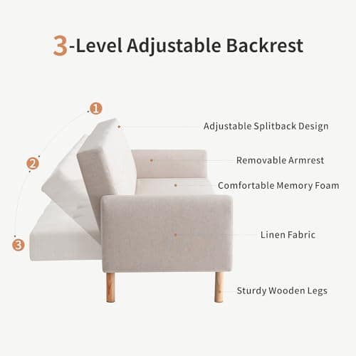 MUUEGM Convertible Sofa Bed with Removable Armrest, White Futon, Splitback Loveseat