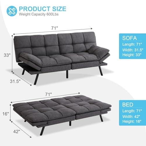 Adjustable Backrest Futon Sofa Bed - Memory Foam Loveseat Sleeper for Small Space, Grey
