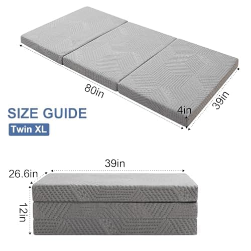 4 Inch Foldable Memory Foam Trifold Toddler Bed Mattress XL Twin Grey