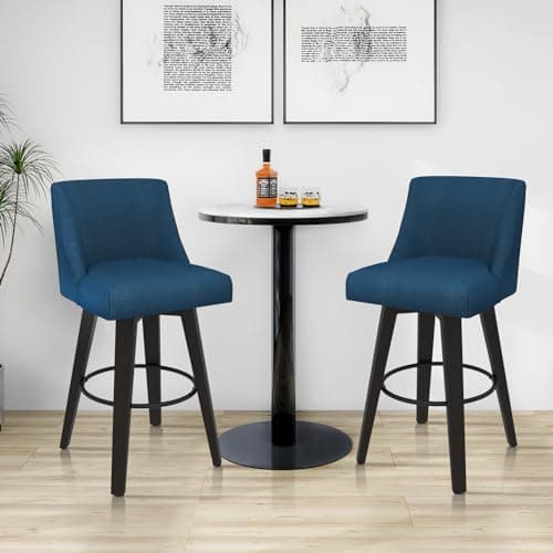 360°Swivel Navy Blue Bar Stools Set of 2 with Wooden Legs and Back for Kitchen Island and Bar