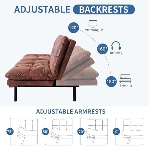 Memory Foam Futon Sofa Bed with Adjustable Backrest and Armrest, Perfect for Living Room, Studios, Apartments, Dormitories, Offices, and Game Rooms in Brown Leather