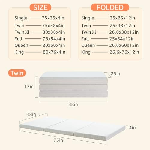 King Size Tri Folding Memory Foam Mattress with Washable Cover - Portable Topper for Yoga/Camping/RV/Guest Beds