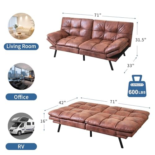 Memory Foam Futon Sofa Bed with Adjustable Backrest and Armrest, Perfect for Living Room, Studios, Apartments, Dormitories, Offices, and Game Rooms in Brown Leather