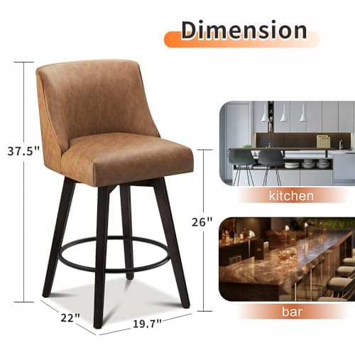 Modern Swivel Bar Stools Set of 2 with High Backrest, Faux Leather for Bar, Kitchen - Sienna Brown
