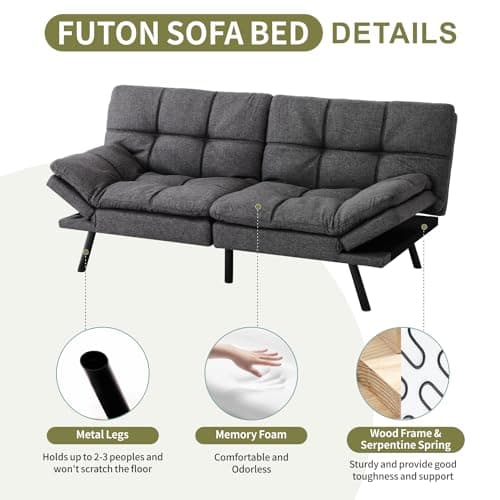 MUUEGM 71 Futon Couch with Memory Foam and Adjustable Backrest - Dark Grey
