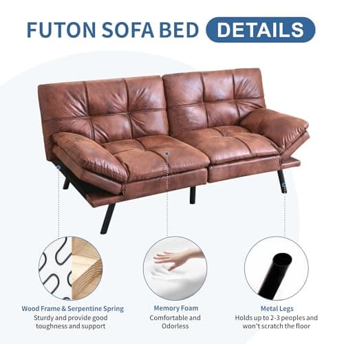 Memory Foam Futon Sofa Bed with Adjustable Backrest and Armrest, Perfect for Living Room, Studios, Apartments, Dormitories, Offices, and Game Rooms in Brown Leather
