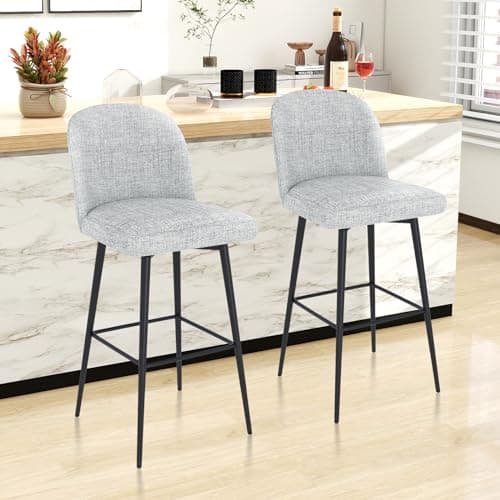 Modern Swivel Bar Stools Set of 2, High Back 30 Height with Metal Legs, Light Grey Linen Fabric Counter Height Bar Chair for Bar, Kitchen, Dining Room