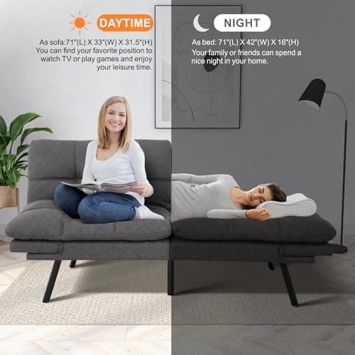 Memory Foam Futon Sofa Bed for Living Room, Adjustable Backrest Sleeper Twin Couch for Apartment